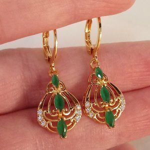 18K Yellow Gold Filled Diamond Zircon Jade Green Flower Dangle Earrings .43ctw